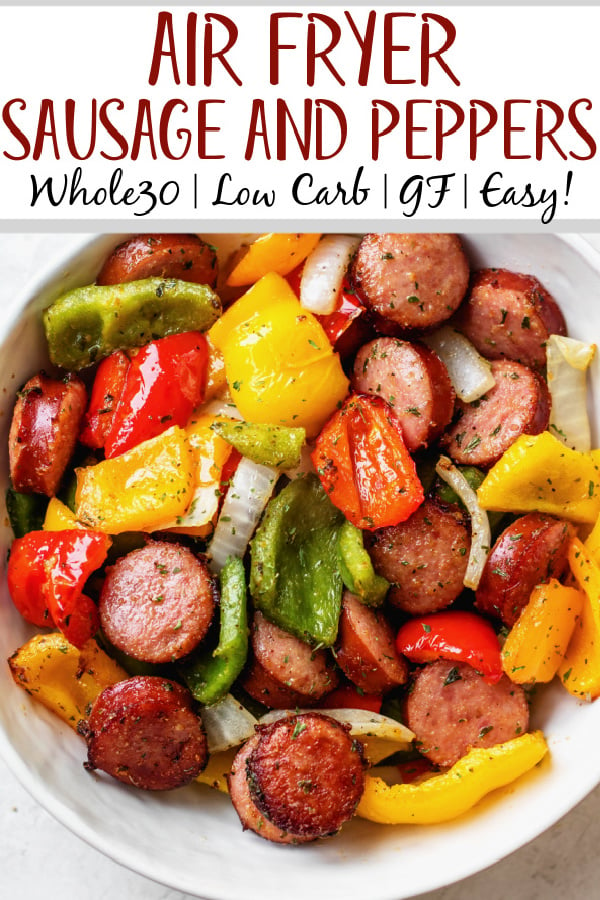 This air fryer sausage and peppers recipe is the ideal quick weeknight dinner! It's healthy, gluten-free, sugar-free, Whole30 and low carb (keto)! Beyond that, it's just simply delicious and something that the whole family will love without requiring much prep work. Done in under 30 minutes, this dinner is sure to be a repeat! #airfryersausage #airfryersausageandpeppers #kielbasa #sausagerecipes