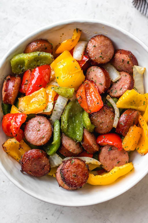 10 Minute Air Fryer Chicken Sausage and Veggies - Pinch Me Good