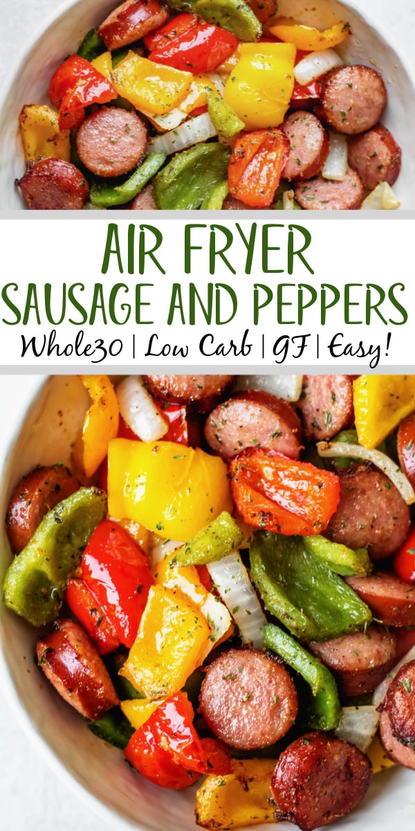 This air fryer sausage and peppers recipe is the ideal quick weeknight dinner! It's healthy, gluten-free, sugar-free, Whole30 and low carb (keto)! Beyond that, it's just simply delicious and something that the whole family will love without requiring much prep work. Done in under 30 minutes, this dinner is sure to be a repeat! #airfryersausage #airfryersausageandpeppers #kielbasa #sausagerecipes