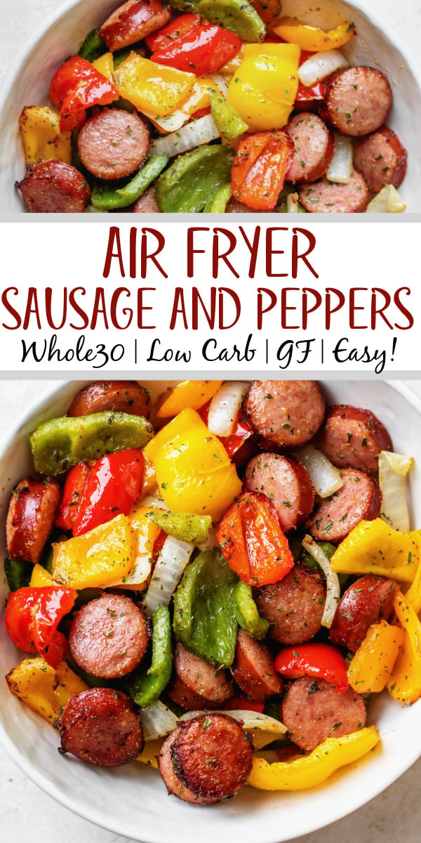 This air fryer sausage and peppers recipe is the ideal quick weeknight dinner! It's healthy, gluten-free, sugar-free, Whole30 and low carb (keto)! Beyond that, it's just simply delicious and something that the whole family will love without requiring much prep work. Done in under 30 minutes, this dinner is sure to be a repeat! #airfryersausage #airfryersausageandpeppers #kielbasa #sausagerecipes