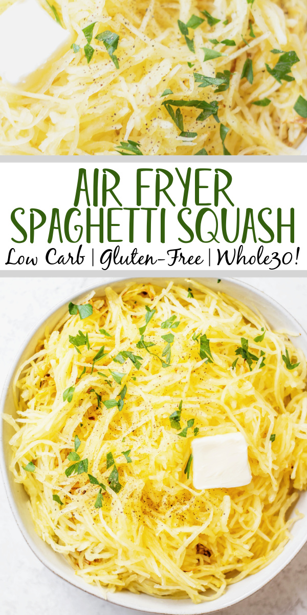 This recipe for how to cook air fryer spaghetti squash gives you the prefect squash every time! It's ready in under 25 minutes, only requires a few simple ingredients and is totally healthy! It's a great low carb, keto and whole30 replacement for noodles, or just a delicious vegetable side dish to pair with dinner or use in a casserole! #airfryerspaghettisquash #whole30vegetables #ketovegetables #lowcarb
