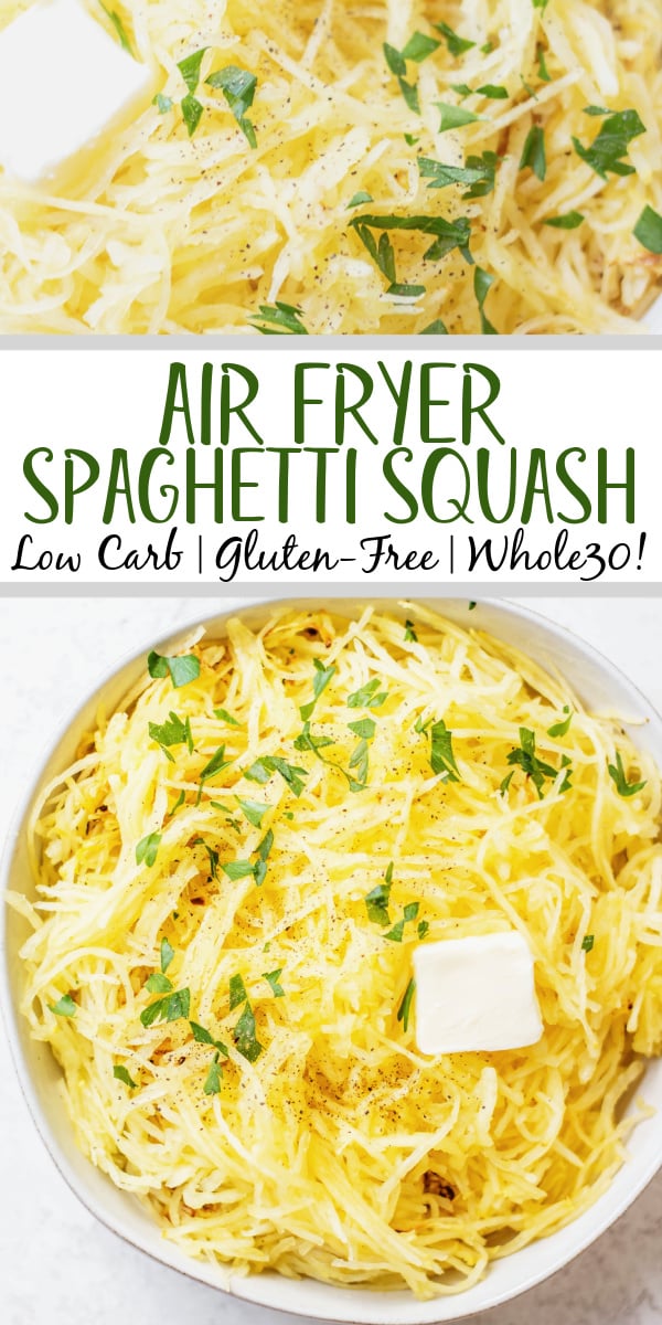 This recipe for how to cook air fryer spaghetti squash gives you the prefect squash every time! It's ready in under 25 minutes, only requires a few simple ingredients and is totally healthy! It's a great low carb, keto and whole30 replacement for noodles, or just a delicious vegetable side dish to pair with dinner or use in a casserole! #airfryerspaghettisquash #whole30vegetables #ketovegetables #lowcarb