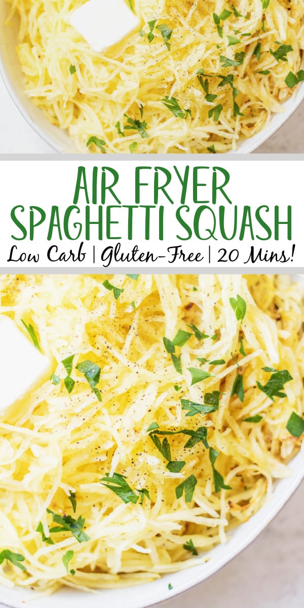 This recipe for how to cook air fryer spaghetti squash gives you the prefect squash every time! It's ready in under 25 minutes, only requires a few simple ingredients and is totally healthy! It's a great low carb, keto and whole30 replacement for noodles, or just a delicious vegetable side dish to pair with dinner or use in a casserole! #airfryerspaghettisquash #whole30vegetables #ketovegetables #lowcarb
