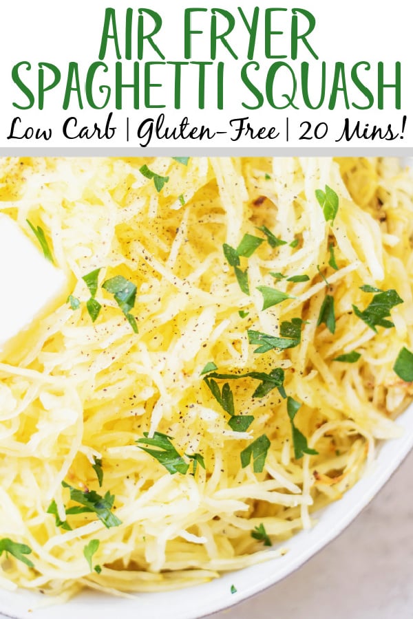 This recipe for how to cook air fryer spaghetti squash gives you the prefect squash every time! It's ready in under 25 minutes, only requires a few simple ingredients and is totally healthy! It's a great low carb, keto and whole30 replacement for noodles, or just a delicious vegetable side dish to pair with dinner or use in a casserole! #airfryerspaghettisquash #whole30vegetables #ketovegetables #lowcarb