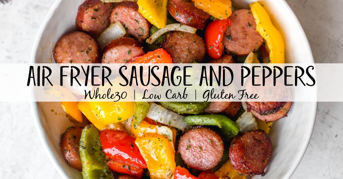 This air fryer sausage and peppers recipe is the ideal quick weeknight dinner! It's healthy, gluten-free, sugar-free, Whole30 and low carb (keto)! Beyond that, it's just simply delicious and something that the whole family will love without requiring much prep work. Done in under 30 minutes, this dinner is sure to be a repeat! #airfryersausage #airfryersausageandpeppers #kielbasa #sausagerecipes