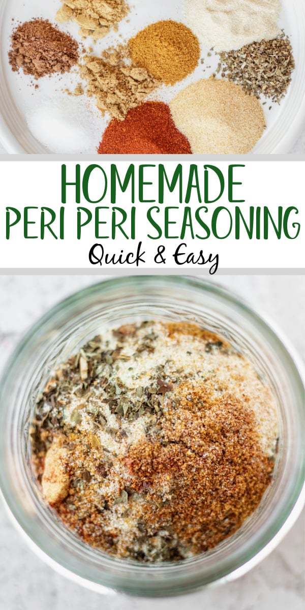 This homemade peri peri seasoning recipe is full of flavor from an easy mix of spices and herbs. It can be used on beef, chicken, pork, and vegetables like potatoes, broccoli and corn! The spices are all simple to find and likely already in your pantry, and the peri peri seasoning is sugar free, gluten free and healthy! #periperiseasoning #homemadeperiperiseasoning #periperi