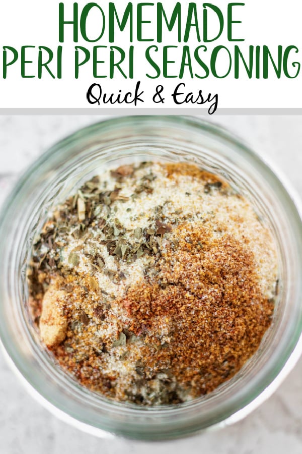 This homemade peri peri seasoning recipe is full of flavor from an easy mix of spices and herbs. It can be used on beef, chicken, pork, and vegetables like potatoes, broccoli and corn! The spices are all simple to find and likely already in your pantry, and the peri peri seasoning is sugar free, gluten free and healthy! #periperiseasoning #homemadeperiperiseasoning #periperi