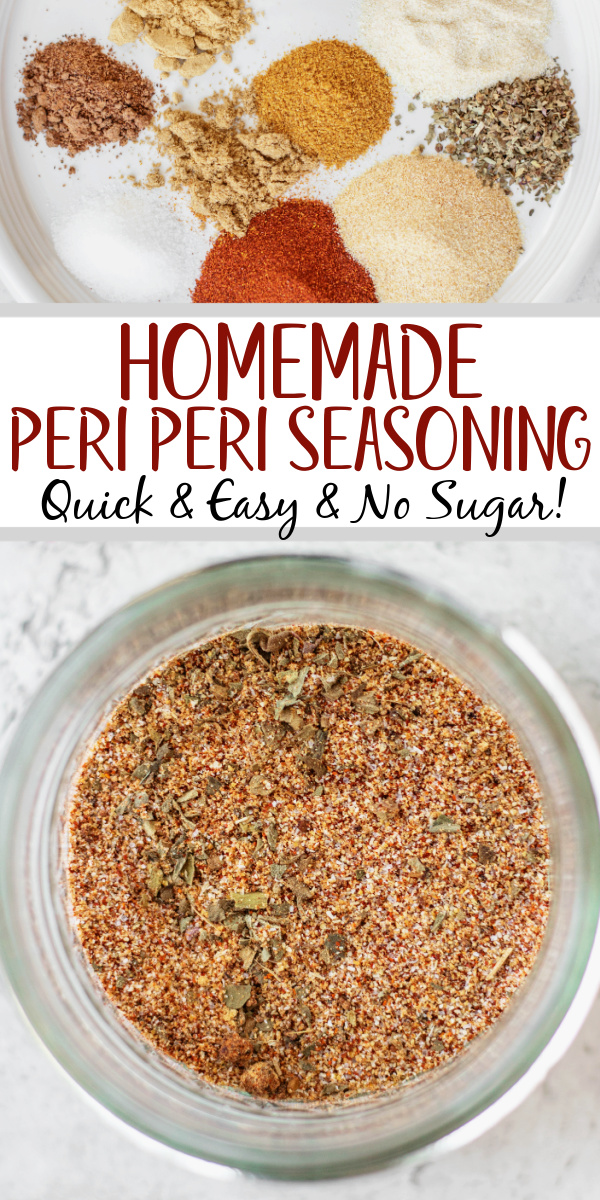 This homemade peri peri seasoning recipe is full of flavor from an easy mix of spices and herbs. It can be used on beef, chicken, pork, and vegetables like potatoes, broccoli and corn! The spices are all simple to find and likely already in your pantry, and the peri peri seasoning is sugar free, gluten free and healthy! #periperiseasoning #homemadeperiperiseasoning #periperi