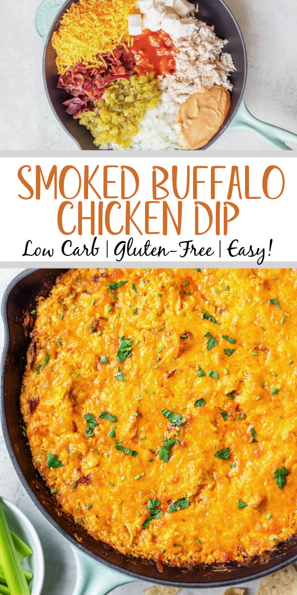 This smoked buffalo chicken dip recipe is so easy and always a crowd pleaser! With only 10 ingredients, it's a simple appetizer that can also be used in tacos, quesadillas, wraps and more. It doesn't take all day on the smoker making it perfect for a family summer gathering, and cooking it on a pellet grill infuses the perfect amount of smoke flavor! It's also low carb and gluten free! #buffalochickendip #smokerbuffalochickendip #buffalochickenrecipes