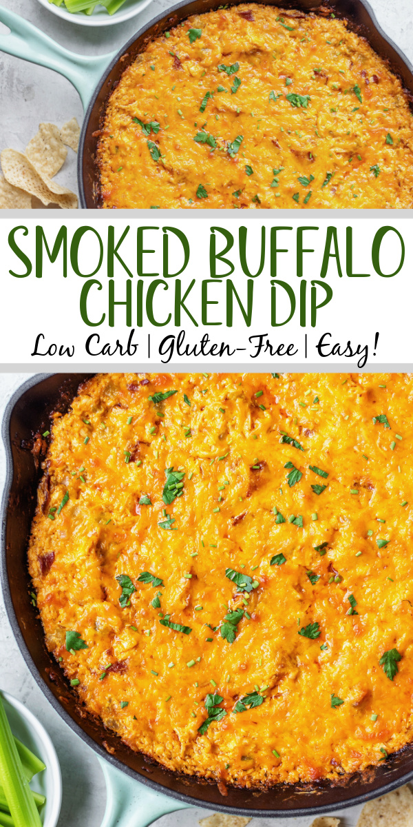 This smoked buffalo chicken dip recipe is so easy and always a crowd pleaser! With only 10 ingredients, it's a simple appetizer that can also be used in tacos, quesadillas, wraps and more. It doesn't take all day on the smoker making it perfect for a family summer gathering, and cooking it on a pellet grill infuses the perfect amount of smoke flavor! It's also low carb and gluten free! #buffalochickendip #smokerbuffalochickendip #buffalochickenrecipes