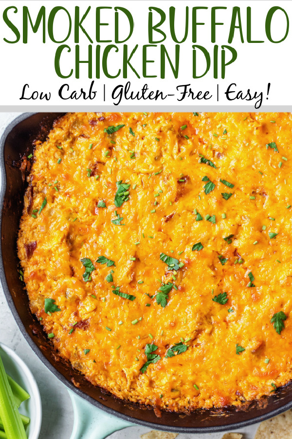 This smoked buffalo chicken dip recipe is so easy and always a crowd pleaser! With only 10 ingredients, it's a simple appetizer that can also be used in tacos, quesadillas, wraps and more. It doesn't take all day on the smoker making it perfect for a family summer gathering, and cooking it on a pellet grill infuses the perfect amount of smoke flavor! It's also low carb and gluten free! #buffalochickendip #smokerbuffalochickendip #buffalochickenrecipes