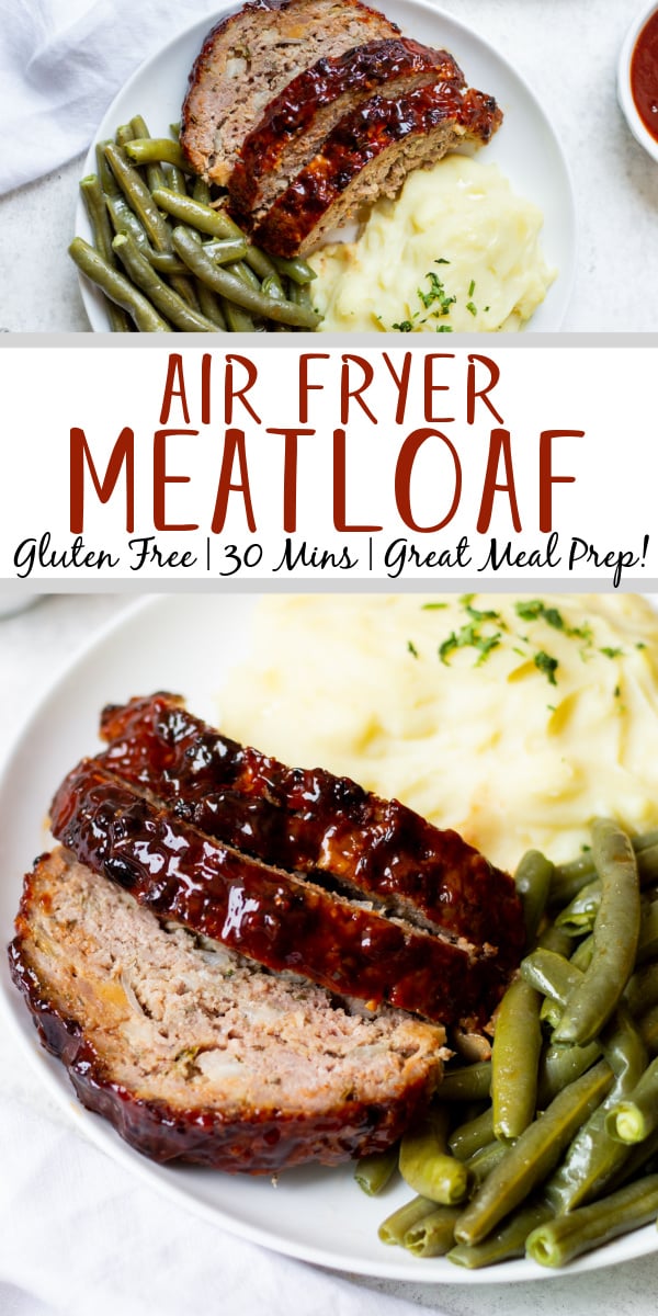 This air fryer meatloaf is a great, healthy recipe for getting a classic meal on the table for dinner. It uses very few ingredients and can be made gluten free easily. The air fryer caramelizes the sauce to perfection and makes for a juicy, flavorful meal. Use this meatloaf for an easy meal prep for the week ahead or divide the recipe into two loaves to save some to freeze for later. #glutenfreerecipes #healthydinnerrecipes #beefrecipes #airfryerrecipes #meatloaf