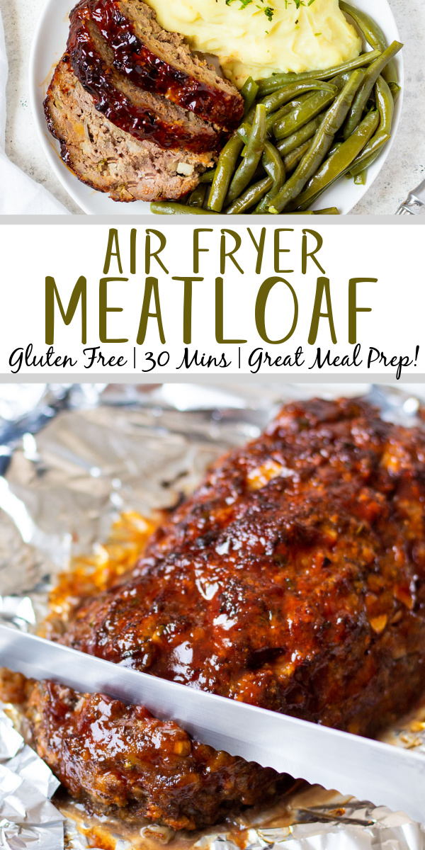 This air fryer meatloaf is a great, healthy recipe for getting a classic meal on the table for dinner. It uses very few ingredients and can be made gluten free easily. The air fryer caramelizes the sauce to perfection and makes for a juicy, flavorful meal. Use this meatloaf for an easy meal prep for the week ahead or divide the recipe into two loaves to save some to freeze for later. #glutenfreerecipes #healthydinnerrecipes #beefrecipes #airfryerrecipes #meatloaf