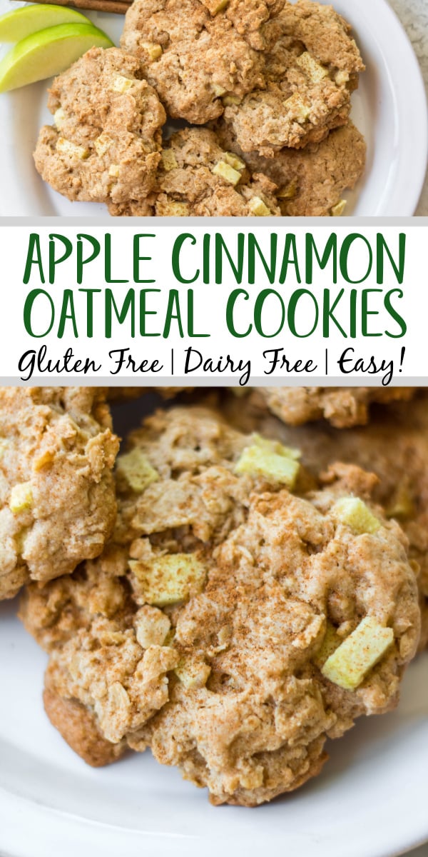 These gluten free apple cinnamon oatmeal cookies are great any day of the year, but they're absolutely perfect in the fall! These apple oatmeal cookies are chewy and soft, use minimal ingredients and have just the right amount of apple and cinnamon. They only take a few minutes to prepare and 15 minutes to bake! #applecinnamon #fallbaking #oatmealcookies #appleoatmealcookies