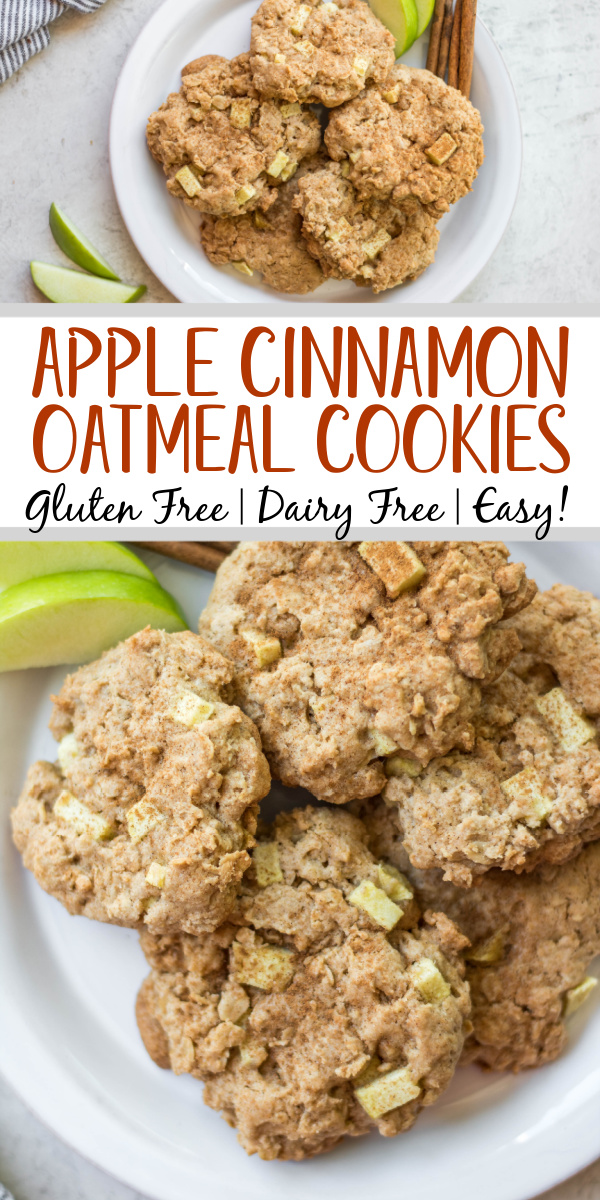 These gluten free apple cinnamon oatmeal cookies are great any day of the year, but they're absolutely perfect in the fall! These apple oatmeal cookies are chewy and soft, use minimal ingredients and have just the right amount of apple and cinnamon. They only take a few minutes to prepare and 15 minutes to bake! #applecinnamon #fallbaking #oatmealcookies #appleoatmealcookies