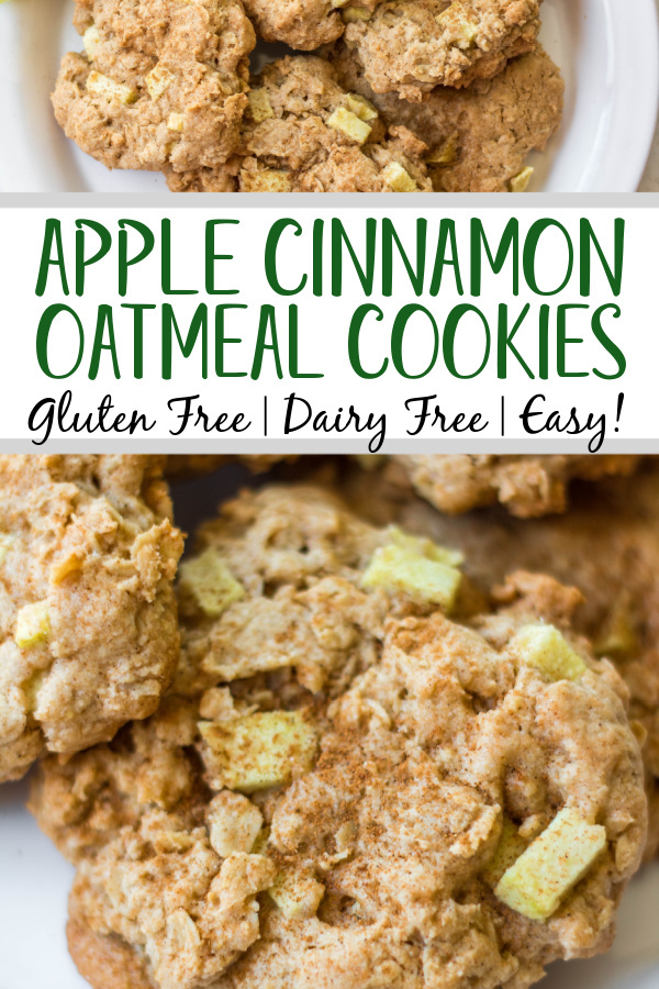 These gluten free apple cinnamon oatmeal cookies are great any day of the year, but they're absolutely perfect in the fall! These apple oatmeal cookies are chewy and soft, use minimal ingredients and have just the right amount of apple and cinnamon. They only take a few minutes to prepare and 15 minutes to bake! #applecinnamon #fallbaking #oatmealcookies #appleoatmealcookies