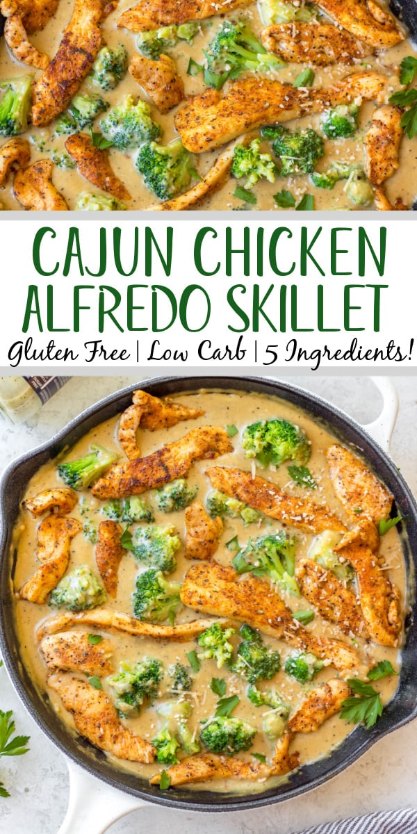 This cajun chicken alfredo broccoli skillet is an easy gluten-free and low carb meal that cooks in only one pan! With under 10 ingredients and under 20 minutes, it's a super simple dinner recipe that's great for a weeknight dinner. There's a dairy-free option, and it reheats well making it a perfect option for a meal prep recipe! #glutenfree #onepot #chickenskillet #lowcarbchicken #alfredorecipes