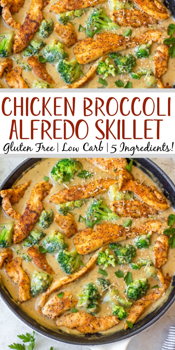 This cajun chicken alfredo broccoli skillet is an easy gluten-free and low carb meal that cooks in only one pan! With under 10 ingredients and under 20 minutes, it's a super simple dinner recipe that's great for a weeknight dinner. There's a dairy-free option, and it reheats well making it a perfect option for a meal prep recipe! #glutenfree #onepot #chickenskillet #lowcarbchicken #alfredorecipes