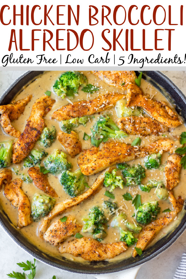 This cajun chicken alfredo broccoli skillet is an easy gluten-free and low carb meal that cooks in only one pan! With under 10 ingredients and under 20 minutes, it's a super simple dinner recipe that's great for a weeknight dinner. There's a dairy-free option, and it reheats well making it a perfect option for a meal prep recipe! #glutenfree #onepot #chickenskillet #lowcarbchicken #alfredorecipes