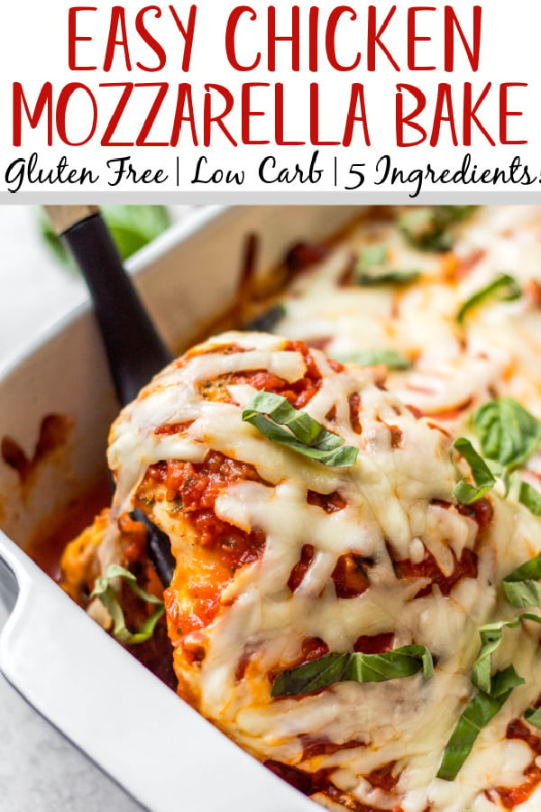 This chicken mozzarella bake recipe is so quick and easy to make! It only uses 5 ingredients, 30 minutes and uses only one casserole dish. It's gluten free and low carb, and is a great freezer friendly meal to have prepared for a simple weeknight dinner. Baked chicken and mozzarella goes great with many vegetable sides, noodles or vegetable noodles. #chickenmozzarellabake #chickenrecipes #mozzarella #ketochicken #glutenfreechicken