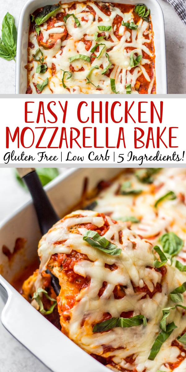 This chicken mozzarella bake recipe is so quick and easy to make! It only uses 5 ingredients, 30 minutes and uses only one casserole dish. It's gluten free and low carb, and is a great freezer friendly meal to have prepared for a simple weeknight dinner. Baked chicken and mozzarella goes great with many vegetable sides, noodles or vegetable noodles. #chickenmozzarellabake #chickenrecipes #mozzarella #ketochicken #glutenfreechicken