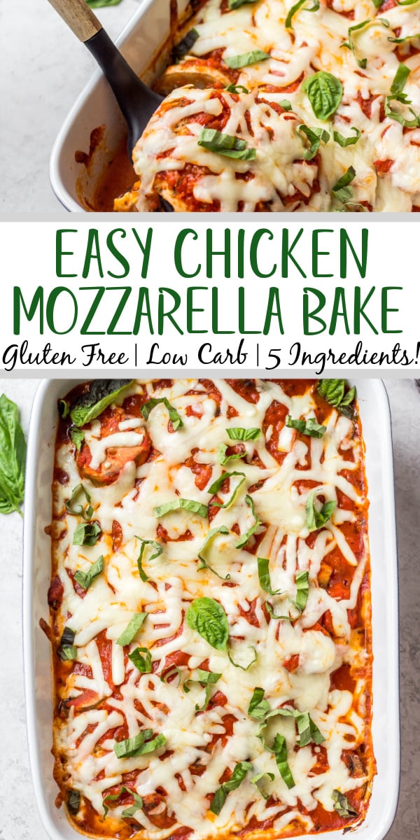 This chicken mozzarella bake recipe is so quick and easy to make! It only uses 5 ingredients, 30 minutes and uses only one casserole dish. It's gluten free and low carb, and is a great freezer friendly meal to have prepared for a simple weeknight dinner. Baked chicken and mozzarella goes great with many vegetable sides, noodles or vegetable noodles. #chickenmozzarellabake #chickenrecipes #mozzarella #ketochicken #glutenfreechicken