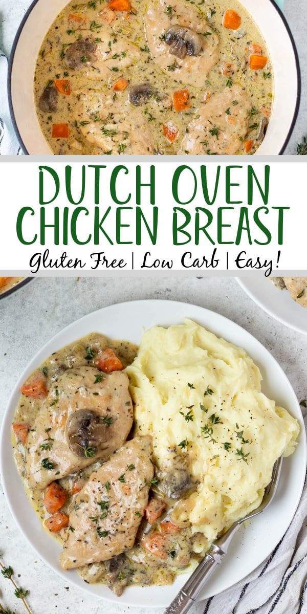 Making dutch oven chicken breast feels like an elevated dinner meal, but it's such an easy recipe to cook! It's a healthy dutch oven recipe that's also Whole30, low carb, gluten free and dairy free, and filled with vegetables like onions, celery and carrots, and the chicken breast is cooked in a creamy parsley and thyme sauce. It's a family friendly recipe that only uses one pot, and comes together in under an hour! #dutchoven #dutchovenchicken #chickenbreast #whole30dinner