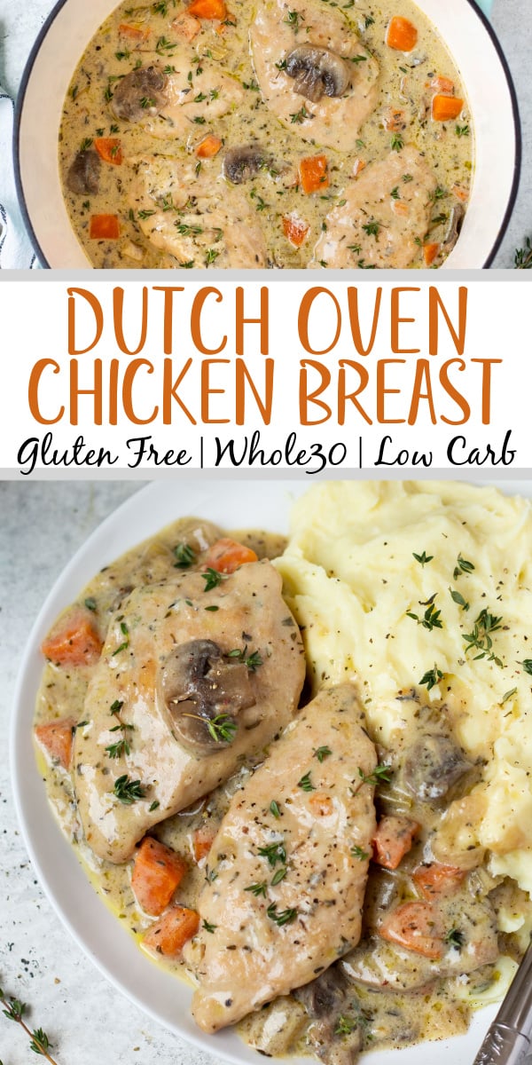 Making dutch oven chicken breast feels like an elevated dinner meal, but it's such an easy recipe to cook! It's a healthy dutch oven recipe that's also Whole30, low carb, gluten free and dairy free, and filled with vegetables like onions, celery and carrots, and the chicken breast is cooked in a creamy parsley and thyme sauce. It's a family friendly recipe that only uses one pot, and comes together in under an hour! #dutchoven #dutchovenchicken #chickenbreast #whole30dinner