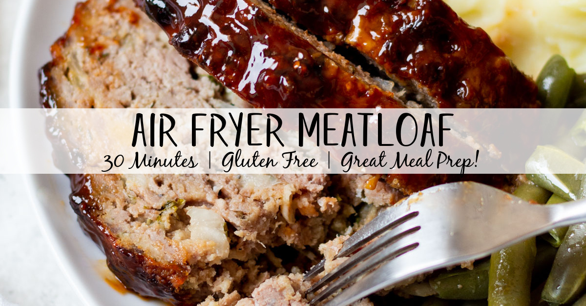 This air fryer meatloaf is a great, healthy recipe for getting a classic meal on the table for dinner. It uses very few ingredients and can be made gluten free easily. The air fryer caramelizes the sauce to perfection and makes for a juicy, flavorful meal. Use this meatloaf for an easy meal prep for the week ahead or divide the recipe into two loaves to save some to freeze for later. #glutenfreerecipes #healthydinnerrecipes #beefrecipes #airfryerrecipes #meatloaf