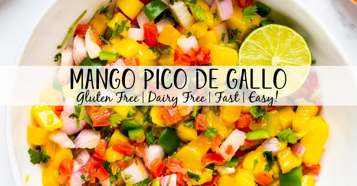 Mango pico de Gallo is the perfect recipe for a change up to regular pico. The slight spice of the jalapeno plays perfectly with the sweetness of the mango and the flavor profile makes it work everywhere pico would go. This paleo and Whole30 recipe is super easy to make and is both gluten free and dairy free. It takes almost no time to make so give this one a try! #glutenfreerecipes #dairyfreerecipes #glutenfreedairyfreerecipes #mango #picodegallo #healthyrecipes