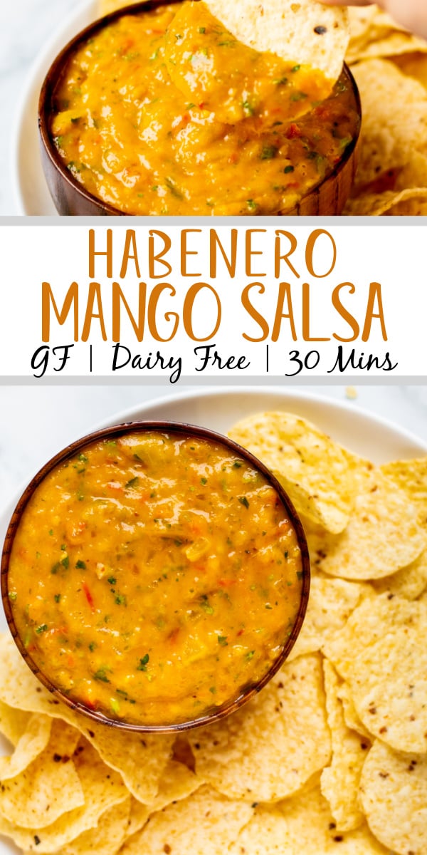 Mango habanero salsa is a great change up from a standard tomato salsa. It's gluten free and dairy free and is super simple to make with just a few easy ingredients. Plus it's paleo and Whole30 to boot! It clocks in at a total of 30 minutes to prep so it's also quick to make. This salsa is a perfect recipe to use as a dip or as a topping for tacos or anything you would want salsa for. #glutenfreerecipes #dairyfreerecipes #glutenfreedairyfreerecipes #mangosalsa #habanerosalsa