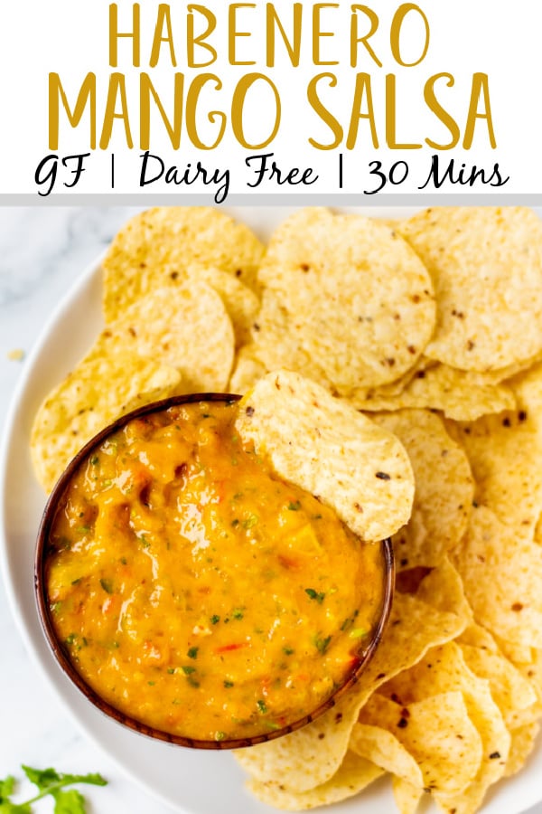Mango habanero salsa is a great change up from a standard tomato salsa. It's gluten free and dairy free and is super simple to make with just a few easy ingredients. Plus it's paleo and Whole30 to boot! It clocks in at a total of 30 minutes to prep so it's also quick to make. This salsa is a perfect recipe to use as a dip or as a topping for tacos or anything you would want salsa for. #glutenfreerecipes #dairyfreerecipes #glutenfreedairyfreerecipes #mangosalsa #habanerosalsa