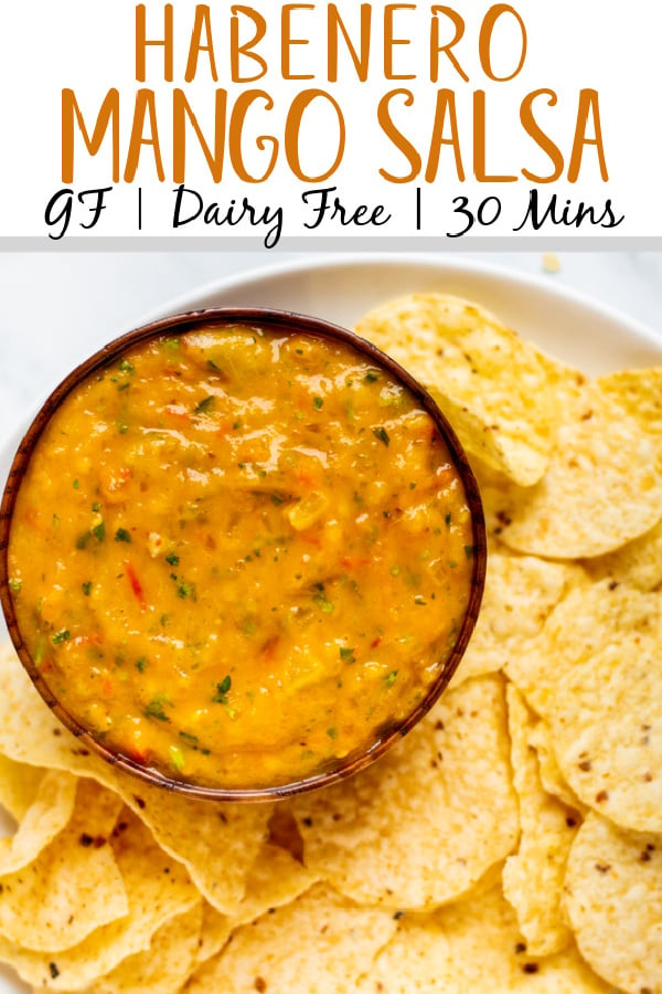 Mango habanero salsa is a great change up from a standard tomato salsa. It's gluten free and dairy free and is super simple to make with just a few easy ingredients. Plus it's paleo and Whole30 to boot! It clocks in at a total of 30 minutes to prep so it's also quick to make. This salsa is a perfect recipe to use as a dip or as a topping for tacos or anything you would want salsa for. #glutenfreerecipes #dairyfreerecipes #glutenfreedairyfreerecipes #mangosalsa #habanerosalsa