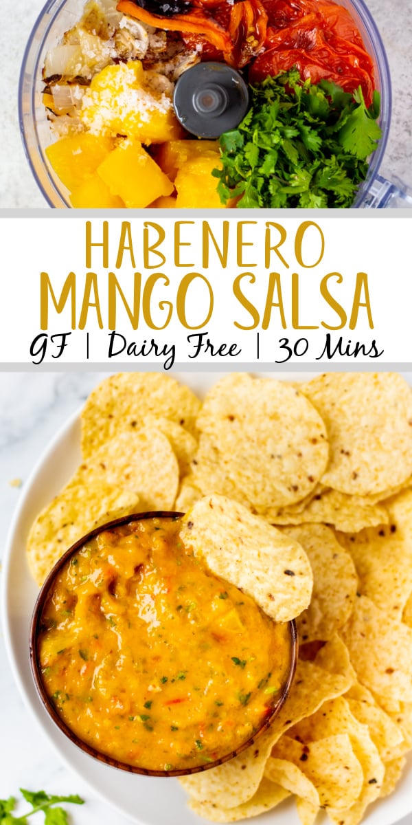 Mango habanero salsa is a great change up from a standard tomato salsa. It's gluten free and dairy free and is super simple to make with just a few easy ingredients. Plus it's paleo and Whole30 to boot! It clocks in at a total of 30 minutes to prep so it's also quick to make. This salsa is a perfect recipe to use as a dip or as a topping for tacos or anything you would want salsa for. #glutenfreerecipes #dairyfreerecipes #glutenfreedairyfreerecipes #mangosalsa #habanerosalsa