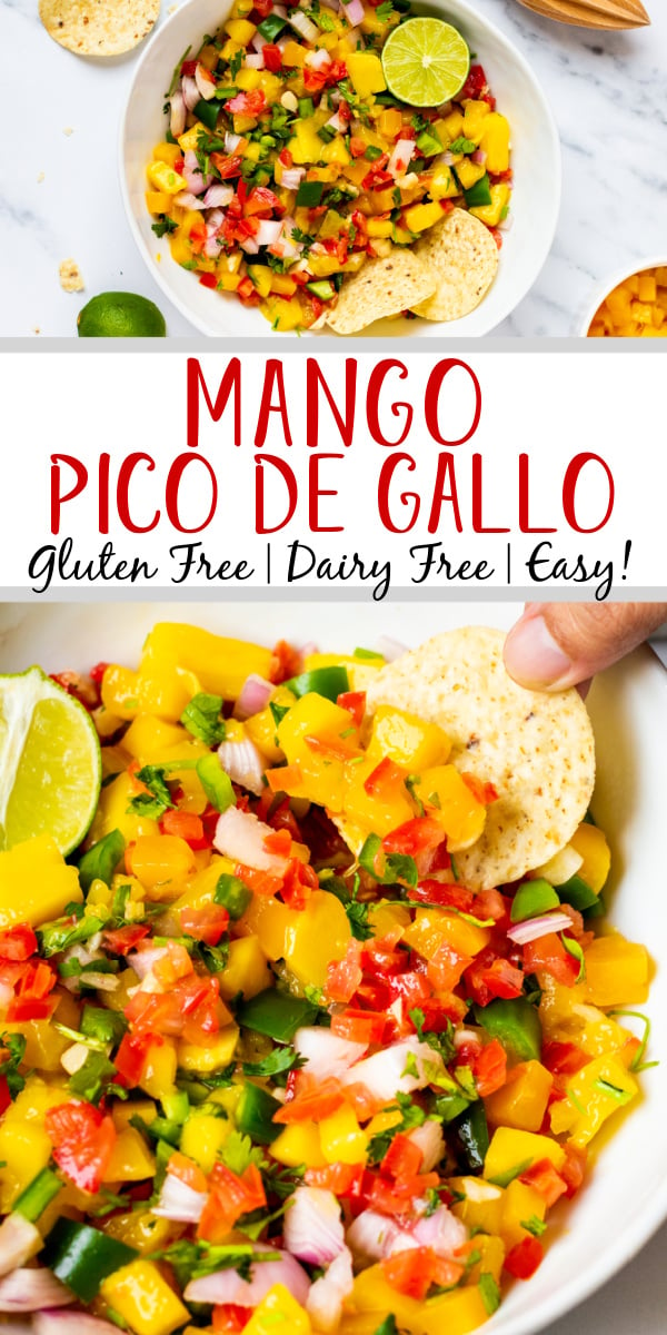 Mango pico de Gallo is the perfect recipe for a change up to regular pico. The slight spice of the jalapeno plays perfectly with the sweetness of the mango and the flavor profile makes it work everywhere pico would go. This paleo and Whole30 recipe is super easy to make and is both gluten free and dairy free. It takes almost no time to make so give this one a try! #glutenfreerecipes #dairyfreerecipes #glutenfreedairyfreerecipes #mango #picodegallo #healthyrecipes