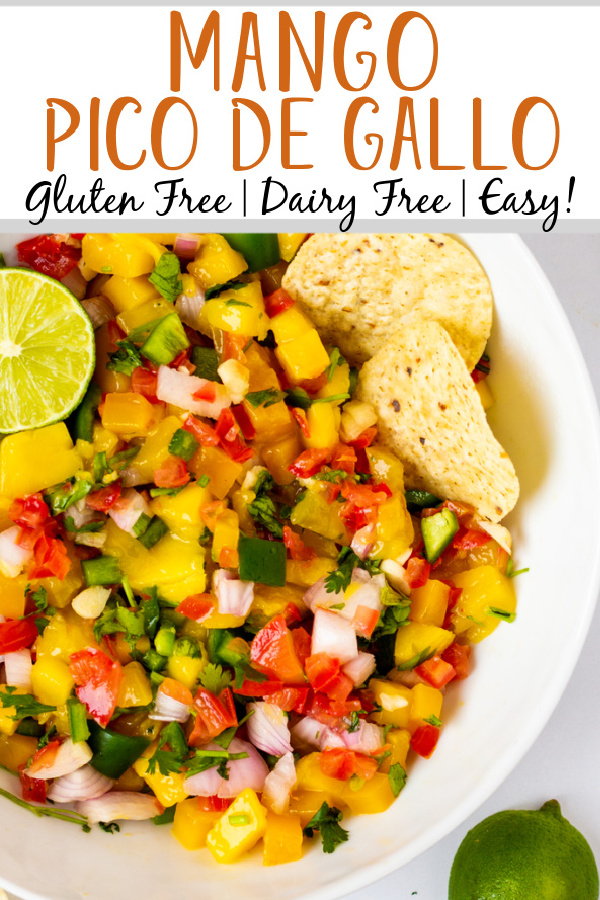 Mango pico de Gallo is the perfect recipe for a change up to regular pico. The slight spice of the jalapeno plays perfectly with the sweetness of the mango and the flavor profile makes it work everywhere pico would go. This paleo and Whole30 recipe is super easy to make and is both gluten free and dairy free. It takes almost no time to make so give this one a try! #glutenfreerecipes #dairyfreerecipes #glutenfreedairyfreerecipes #mango #picodegallo #healthyrecipes