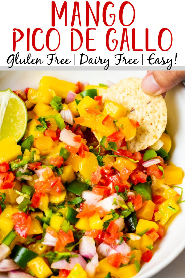 Mango pico de Gallo is the perfect recipe for a change up to regular pico. The slight spice of the jalapeno plays perfectly with the sweetness of the mango and the flavor profile makes it work everywhere pico would go. This paleo and Whole30 recipe is super easy to make and is both gluten free and dairy free. It takes almost no time to make so give this one a try! #glutenfreerecipes #dairyfreerecipes #glutenfreedairyfreerecipes #mango #picodegallo #healthyrecipes