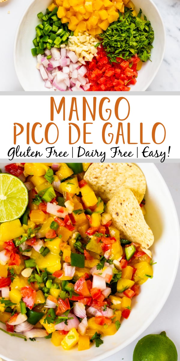 Mango pico de Gallo is the perfect recipe for a change up to regular pico. The slight spice of the jalapeno plays perfectly with the sweetness of the mango and the flavor profile makes it work everywhere pico would go. This paleo and Whole30 recipe is super easy to make and is both gluten free and dairy free. It takes almost no time to make so give this one a try! #glutenfreerecipes #dairyfreerecipes #glutenfreedairyfreerecipes #mango #picodegallo #healthyrecipes