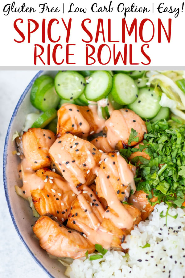 This spicy salmon bowl recipe is quick and easy to prepare and cook and comes together in about 30 minutes! It makes a filling and nutritious lunch or dinner, and is gluten free, dairy free and full of healthy fats from the salmon and vegetables from the spicy slaw. There are many ways to customize your salmon rice bowl to make it taste like a new lunch every day! #spicysalmonbowl #salmonricebowl #salmonrecipes