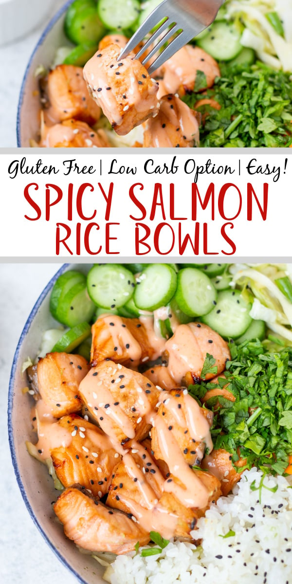 This spicy salmon bowl recipe is quick and easy to prepare and cook and comes together in about 30 minutes! It makes a filling and nutritious lunch or dinner, and is gluten free, dairy free and full of healthy fats from the salmon and vegetables from the spicy slaw. There are many ways to customize your salmon rice bowl to make it taste like a new lunch every day! #spicysalmonbowl #salmonricebowl #salmonrecipes