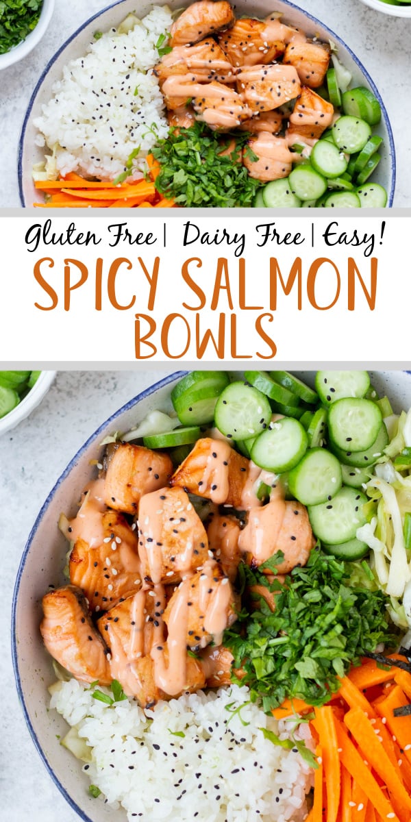 This spicy salmon bowl recipe is quick and easy to prepare and cook and comes together in about 30 minutes! It makes a filling and nutritious lunch or dinner, and is gluten free, dairy free and full of healthy fats from the salmon and vegetables from the spicy slaw. There are many ways to customize your salmon rice bowl to make it taste like a new lunch every day! #spicysalmonbowl #salmonricebowl #salmonrecipes