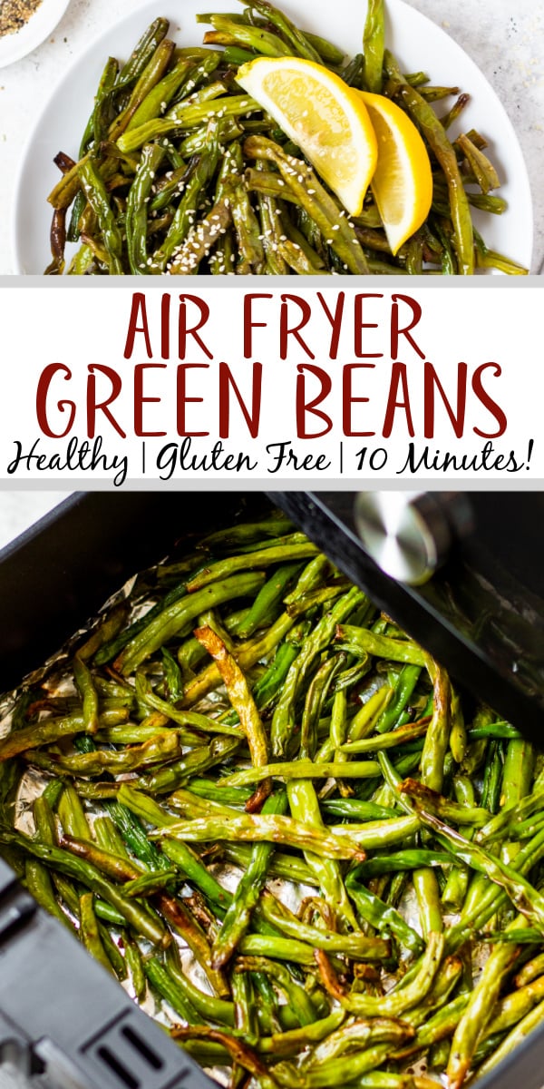 Air fryer green beans are a simple, healthy and delicious side dish to add to any dinner. Making your green beans in the air fryer is a quick way to get a vegetable on the table with a weeknight meal that requires only a few ingredients and 10 minutes! These green beans are a hit with everyone and are low carb and keto, Whole30, gluten free, and just plain tasty! #airfryervegetables #airfryergreenbeans #ketovegetables #whole30vegetables