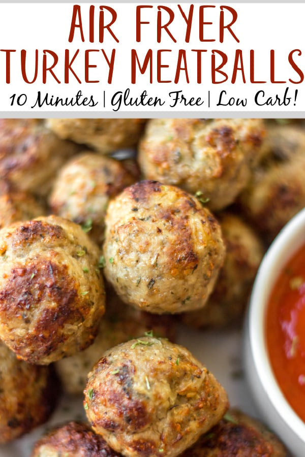 Once you make these juicy, flavorful air fryer turkey meatballs, you'll always want to keep them around! They only use a few simple ingredients and spices, 12 minutes to cook, and are a perfect protein for a huge variety of meals. Turkey meatballs in the air fryer are great for meal prep, stocking the freezer, and are gluten-free and low carb! #airfryerturkeymeatballs #turkeymeatballs #turkeymeatballsairfryer