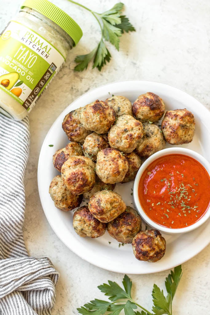 Once you make these juicy, flavorful air fryer turkey meatballs, you'll always want to keep them around! They only use a few simple ingredients and spices, 12 minutes to cook, and are a perfect protein for a huge variety of meals. Turkey meatballs in the air fryer are great for meal prep, stocking the freezer, and are gluten-free and low carb! #airfryerturkeymeatballs #turkeymeatballs #turkeymeatballsairfryer