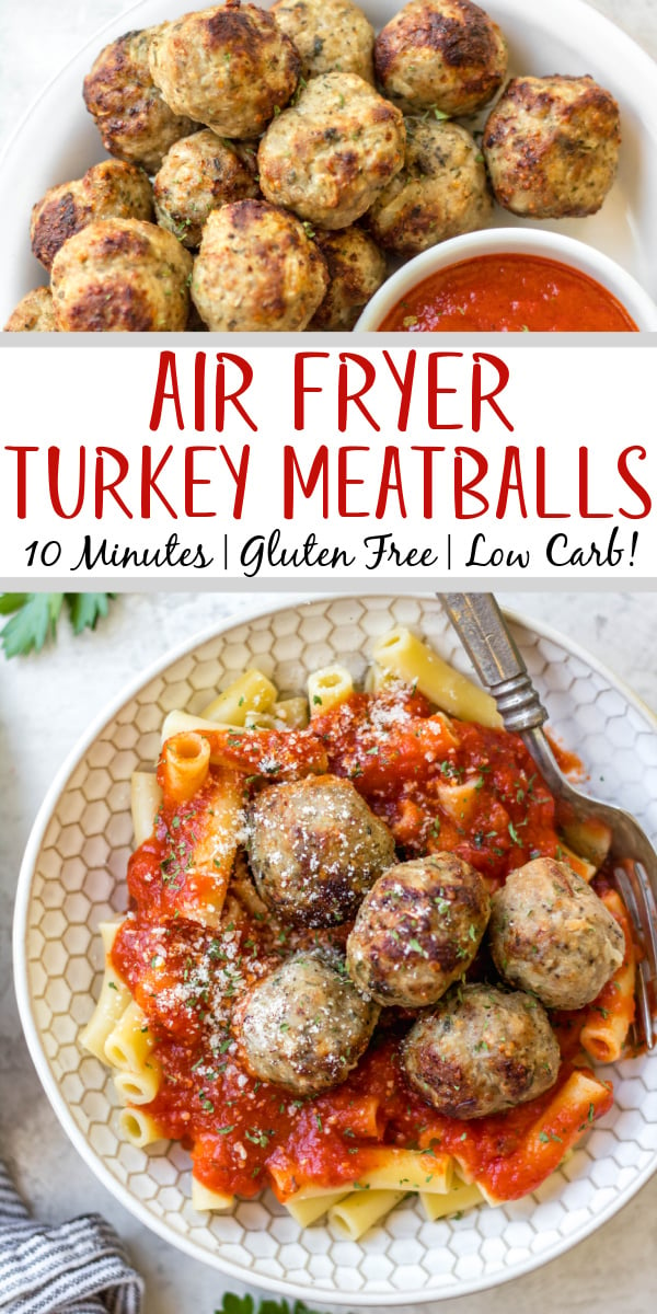 Once you make these juicy, flavorful air fryer turkey meatballs, you'll always want to keep them around! They only use a few simple ingredients and spices, 12 minutes to cook, and are a perfect protein for a huge variety of meals. Turkey meatballs in the air fryer are great for meal prep, stocking the freezer, and are gluten-free and low carb! #airfryerturkeymeatballs #turkeymeatballs #turkeymeatballsairfryer