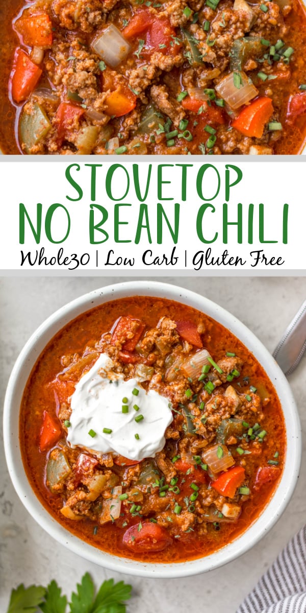 This beanless chili recipe is a quick and easy stovetop meal that cooks in just 30 minutes! It's Whole30, paleo, low carb and gluten-free, so it's a no bean chili that everyone can enjoy! Made with hearty vegetables like tomatoes, peppers, onions and mushrooms it's super filling without beans and makes delicious leftovers for meal prep or freezing. #beanlesschili #whole30chili #stovetopchili #ketochili #lowcarbchili