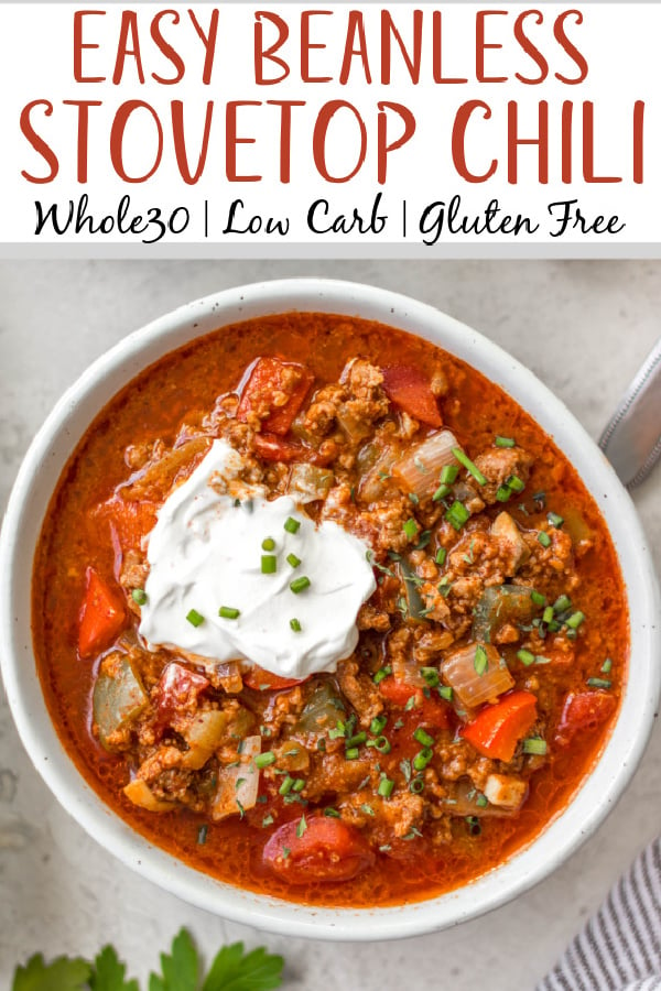 This beanless chili recipe is a quick and easy stovetop meal that cooks in just 30 minutes! It's Whole30, paleo, low carb and gluten-free, so it's a no bean chili that everyone can enjoy! Made with hearty vegetables like tomatoes, peppers, onions and mushrooms it's super filling without beans and makes delicious leftovers for meal prep or freezing. #beanlesschili #whole30chili #stovetopchili #ketochili #lowcarbchili