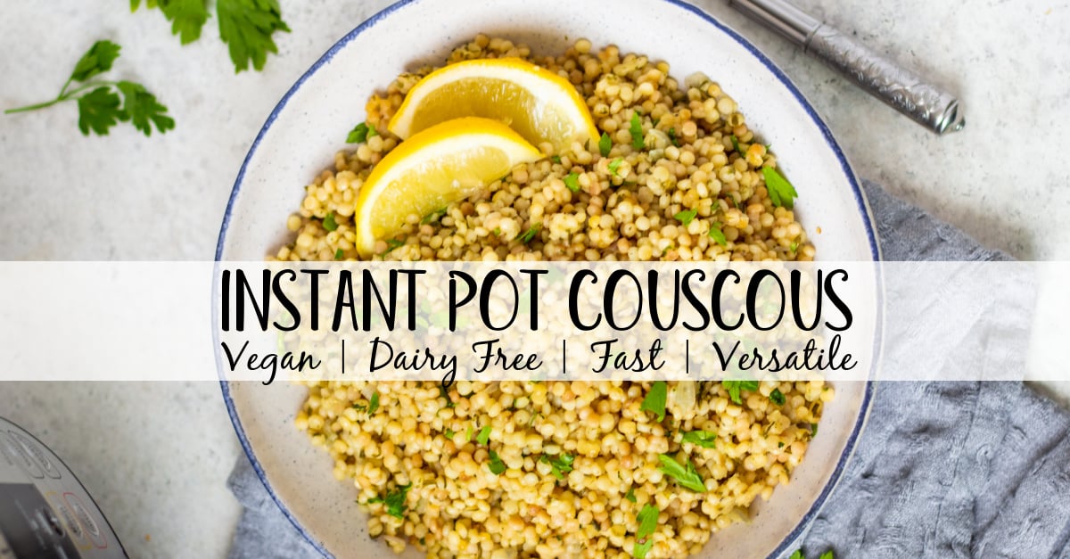 Instant Pot couscous is the best choice for getting an easy side onto your table. This recipe is both dairy free and vegan and is ready in about 15 minutes so it's super quick. Use this recipe as a standalone side for dinner or in any scenario where you'd want a bed of pasta to top with your favorite sauce, salad or recipe. #couscous #pressurecookerrecipes #veganrecipes #dairyfreerecipes #healthypastarecipes #healthyrecipes