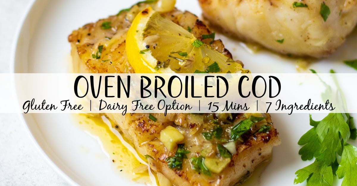 Broiled cod is a quick and easy recipe that's perfect for a family fish dinner. This recipe is gluten free and can be made dairy free easily and with a grand total of 7 ingredients it's a breeze to make. Cod is one of the more common fish fillets you see around and having a solid recipe to prepare it is crucial and at ten minutes of cook time broiling cod is the way to go. #glutenfreerecipes #dairyfreerecipes #glutenfreedairyfreerecipes #healthyfishrecipes #codrecipes #cod #broilerrecipes