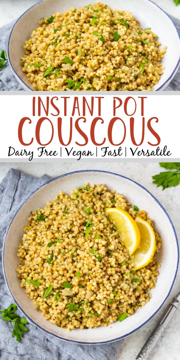 Instant Pot couscous is the best choice for getting an easy side onto your table. This recipe is both dairy free and vegan and is ready in about 15 minutes so it's super quick. Use this recipe as a standalone side for dinner or in any scenario where you'd want a bed of pasta to top with your favorite sauce, salad or recipe. #couscous #pressurecookerrecipes #veganrecipes #dairyfreerecipes #healthypastarecipes #healthyrecipes